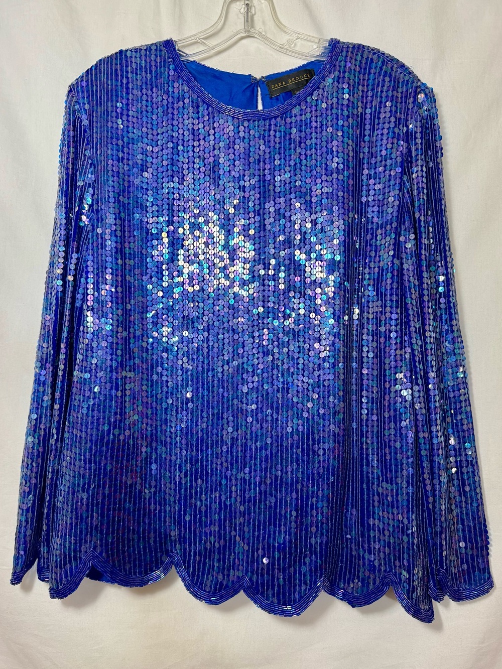 Vintage Iridescent Blue Sequin Long-Sleeve Scalloped Hem Top